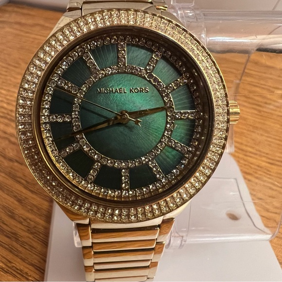 Women's Michael Kors Gold Tone Watch Green Dial MC– 3409 5ATM Preowned Works - Picture 1 of 6
